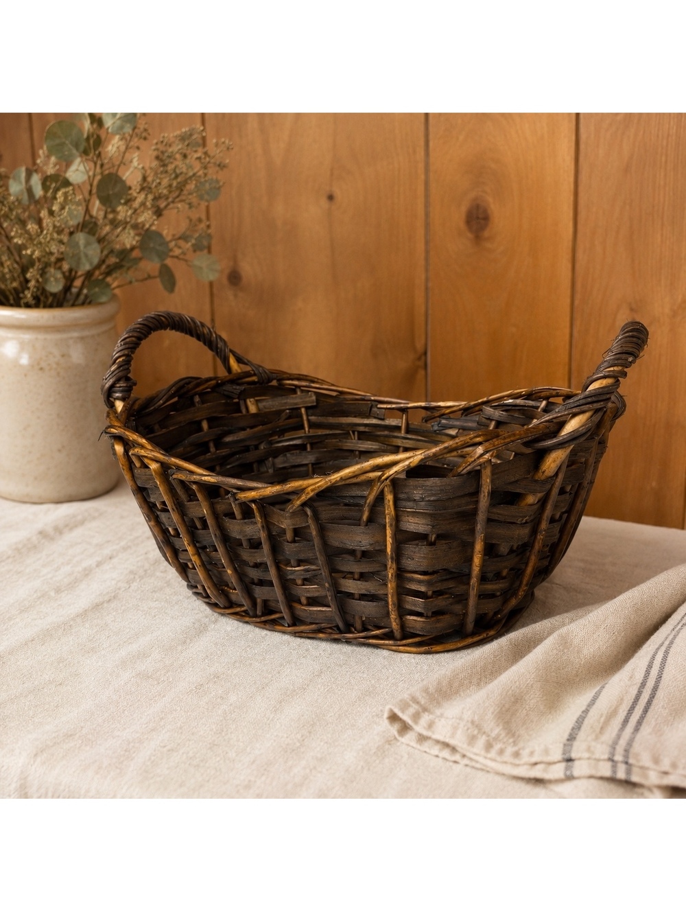 Vintage Rustic Wicker Gathering Basket Primitive Farmhouse Basket With Handles